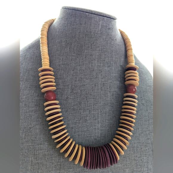 Vintage Estate Tribal Ethnic Boho Colored Wood Beaded Statement Necklace - Picture 2 of 3